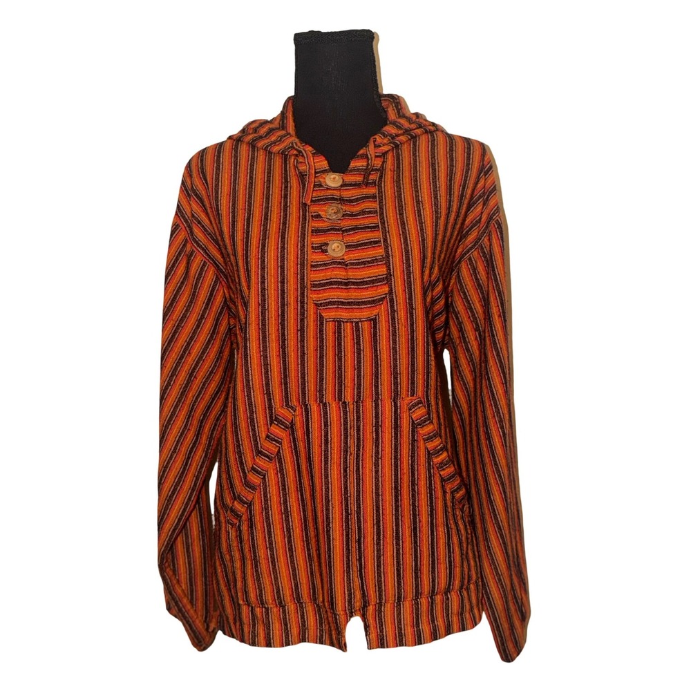 Vintage Woven‎ Cotton Baja Hoodie Orange Striped Boho Pullover Wooden Buttons L
